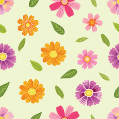 Cosmos flowers in various colors, bright colors, beautiful and cute small, compact leaves on a green-cream background. Seamless pattern vector.