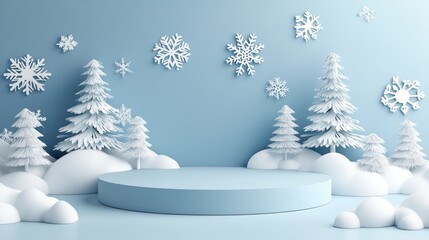 Winter scene with a round podium, snow, trees, and snowflakes.
