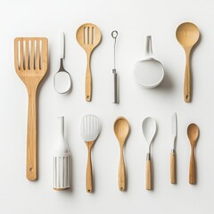 Sustainable cooking tools display modern kitchen utensils showcase minimalist aesthetic top view eco-friendly cooking concept
