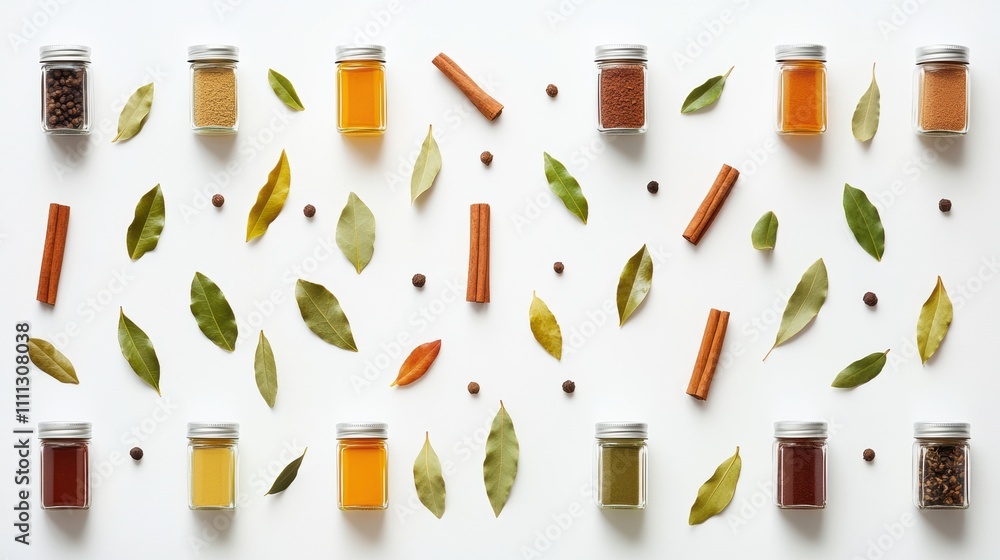 Aufkleber Vibrant spices arranged in small jars with bay leaves and cinnamon sticks create a visually appealing display, perfect for various culinary uses. Generative AI