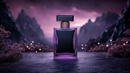 Futuristic perfume bottle floating in midair enchanted mountains digital art nighttime surreal concept for modern elegance