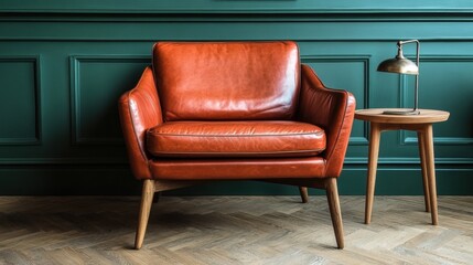 Modern orange leather armchair in stylish living room interior with wooden side table and green wall, perfect for home decor and interior design inspiration