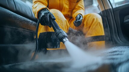 Worker steam cleans a car interior thoroughly