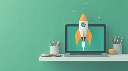 Rocket Launching From Laptop Screen Business Startup Concept