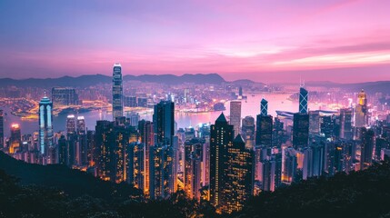 Fototapeta premium A vibrant cityscape at dusk with skyscrapers lighting up against a soft pink and purple sky