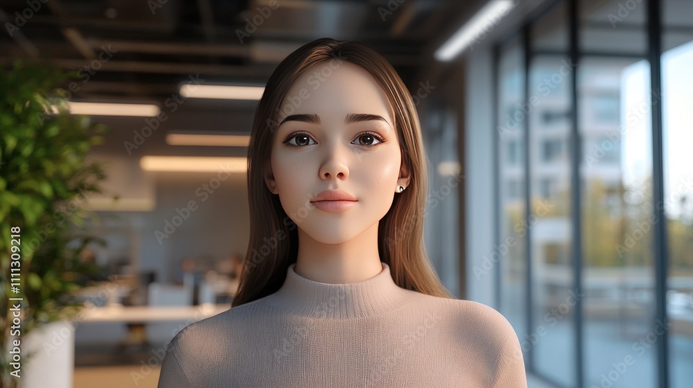 Poster a virtual assistant in a modern office setting, helping with tasks via voice control