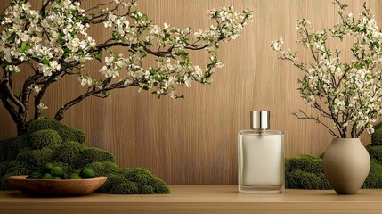 Elegant frosted glass perfume bottle display serene nature setting home decor tranquil environment artistic capture luxury concept