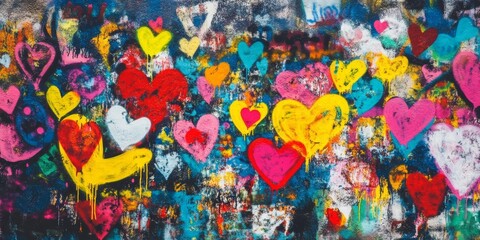 Naklejka premium Colorful heart mural brightens urban wall in vibrant street art display