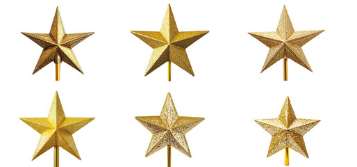Obraz premium A collection of golden star tree toppers with sparkling glitter, isolated on a transparent PNG background. Perfect for Christmas trees, festive decor, and holiday-themed projects.