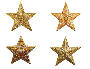 Obraz premium A collection of sparkling gold star ornaments with intricate details, displayed on a PNG transparent background. Ideal for holiday decorations and festive design concepts.