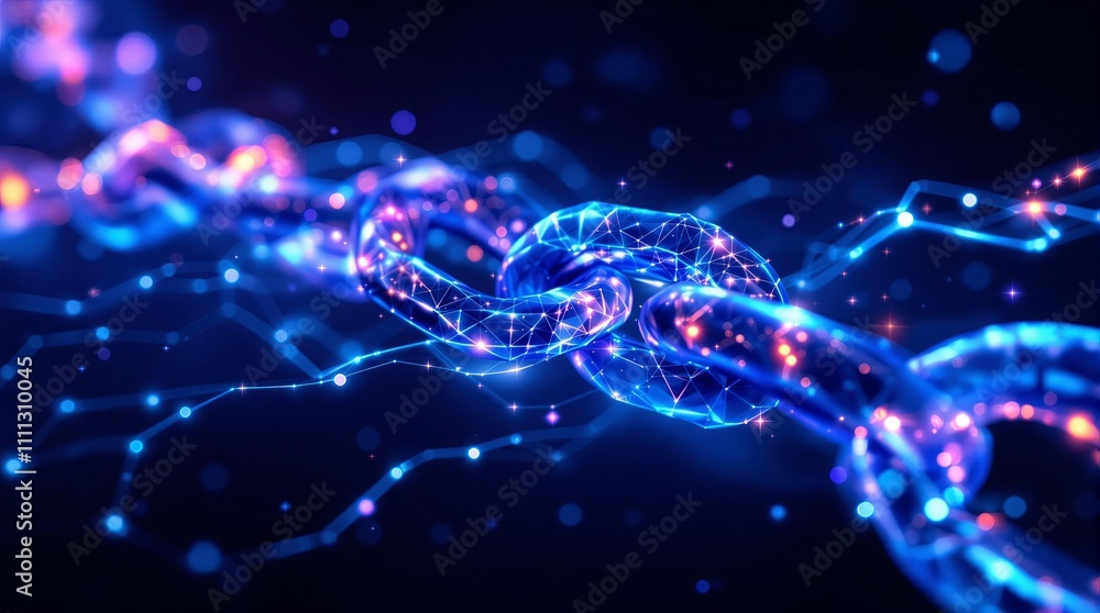 Poster futuristic blockchain concept with glowing digital chain and network connections