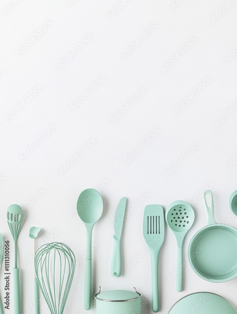 Poster kitchen utensils neatly arranged on a white surface highlight spatulas, whisks, and pots, providing 