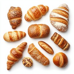 Fototapeta premium Freshly baked assortment of artisan bread and pastries bakery food photography bright kitchen overhead view culinary delight for your table