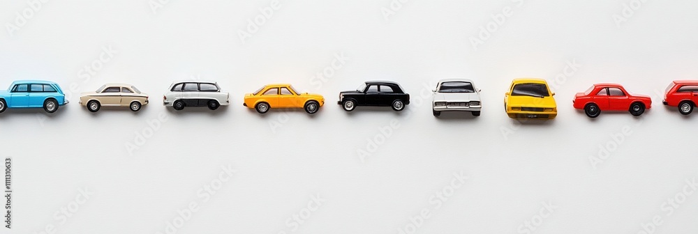 Poster colorful miniature car models are lined up neatly on a white background, providing ample space for t