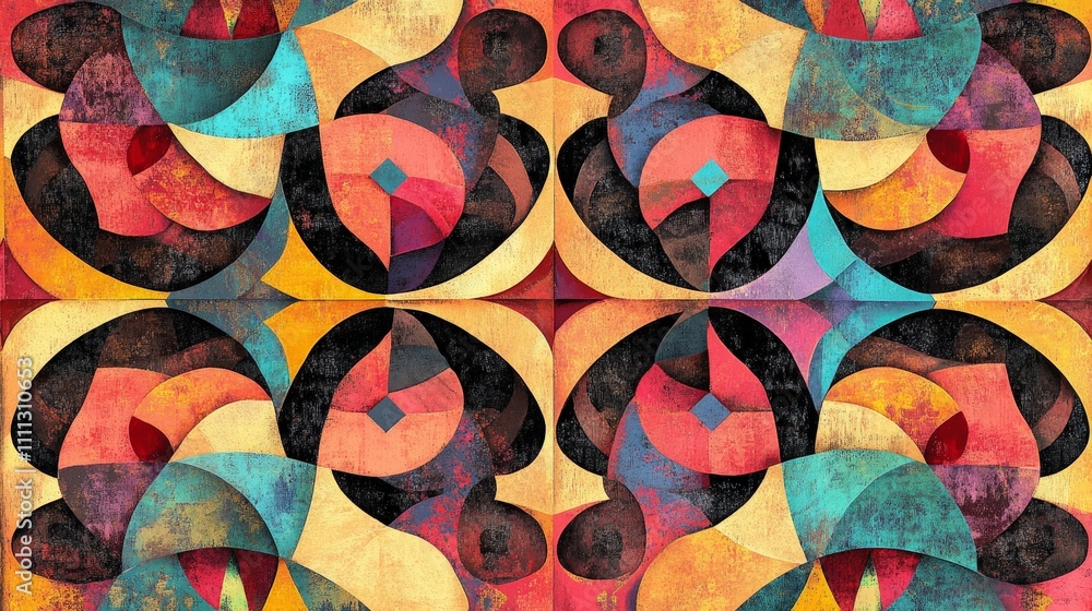 Poster an abstract geometric pattern with vibrant colors and intricate shapes