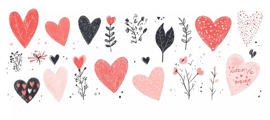 Valentine's Day card set with hearts and love phrases. Vector illustration of a hand-drawn, cute red heart doodle pattern background design