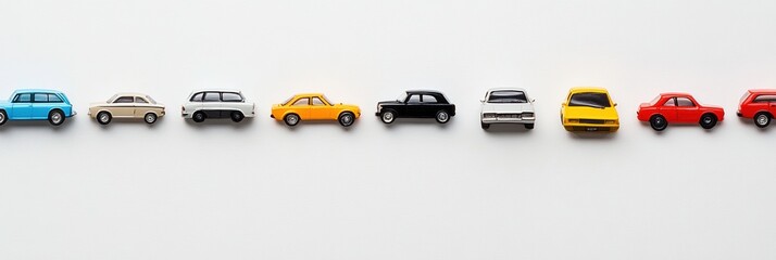 Colorful miniature car models are lined up neatly on a white background, providing ample space for text and creative design. Generative AI