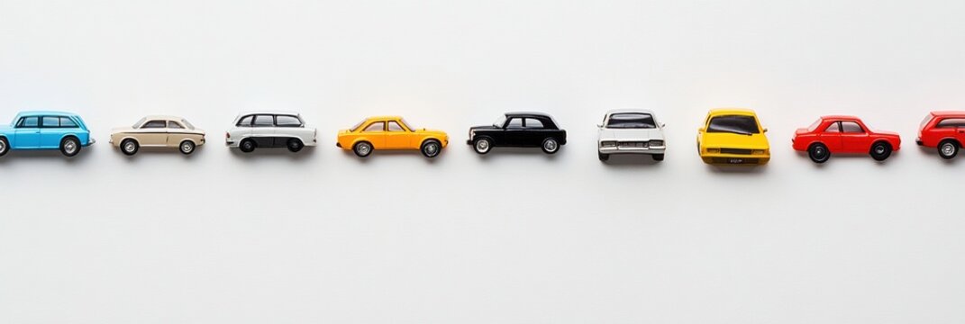 Colorful miniature car models are lined up neatly on a white background, providing ample space for text and creative design. Generative AI