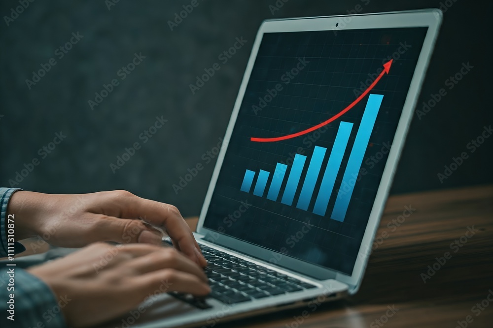 Poster hands working on laptop, analyzing upward trending bar graph.