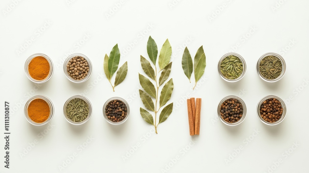 Poster Array of colorful spice jars, bay leaves, and cinnamon sticks arranged on a white background, showcasing aromatic ingredients with space for text. Generative AI
