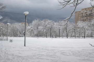 Winter Landscape of South Park in city of Sofia, Bulgaria