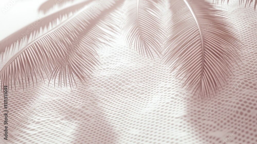 Poster abstract composition featuring delicate palm leaves casting soft shadows on textured surface, showca