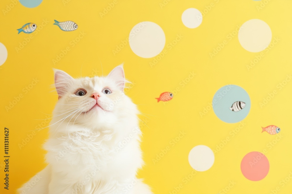 Poster a fluffy white cat curiously watches whimsical fish in circles flying around its head, set against a