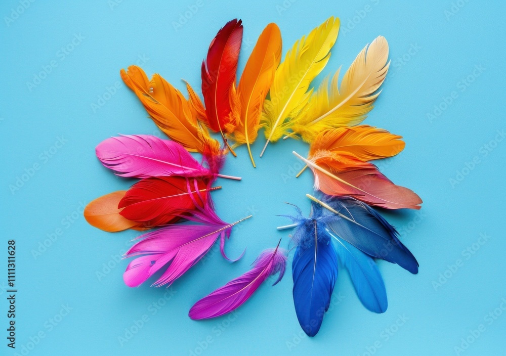 Poster colorful feathers arranged in a circular pattern on a bright blue background, creating a vibrant and
