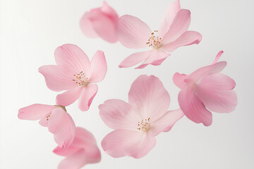 pink flying blossom petals against white background