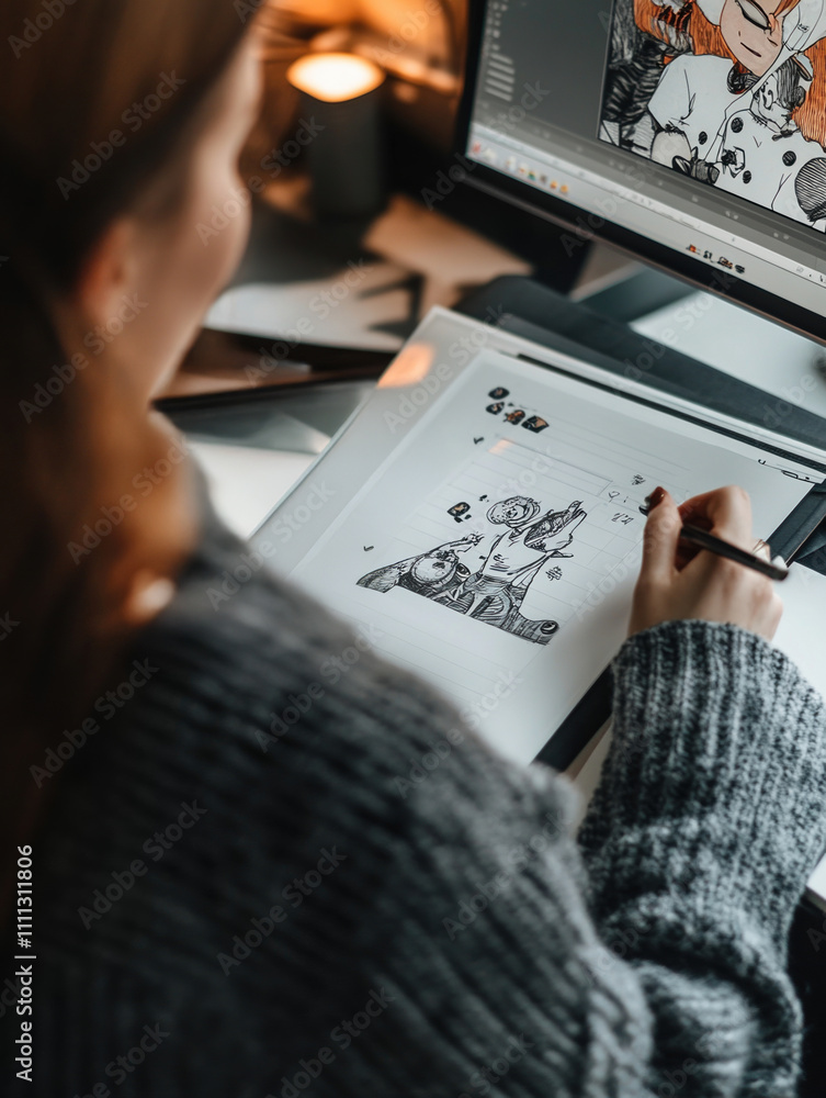 Aufkleber woman working from home as an illustrator, using a graphic tablet to draw sketches and creating illu