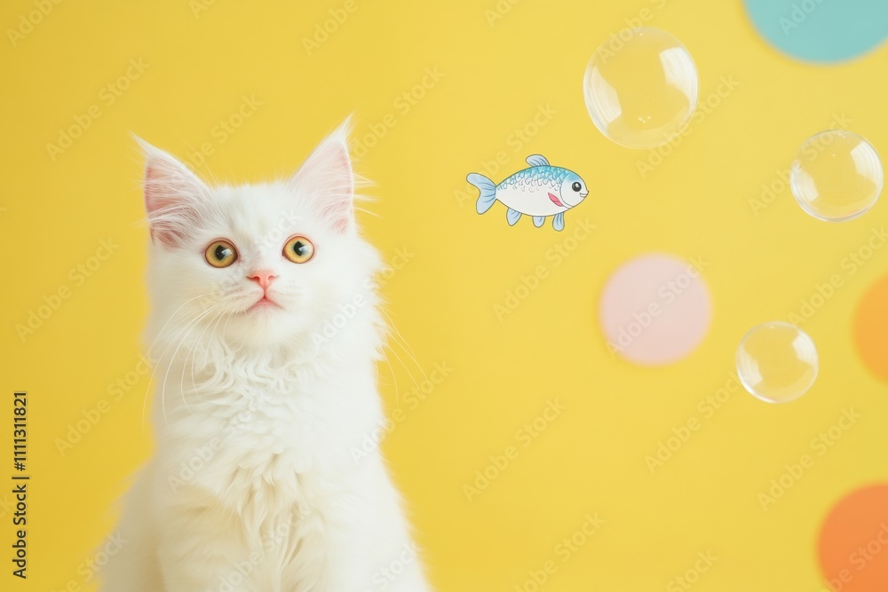 Poster a fluffy white cat looks intently at playful fish bubbles floating around on a vibrant yellow backdr
