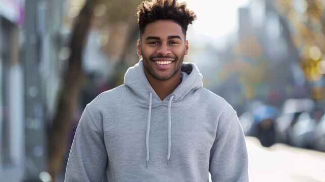 A young, smiling Black man in a gray hoodie stands outdoors in a blurred city background. - Powered by Adobe