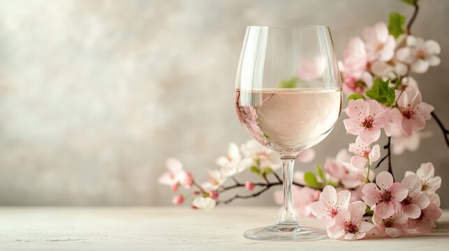 Ros? wine glass with spring blossoms.