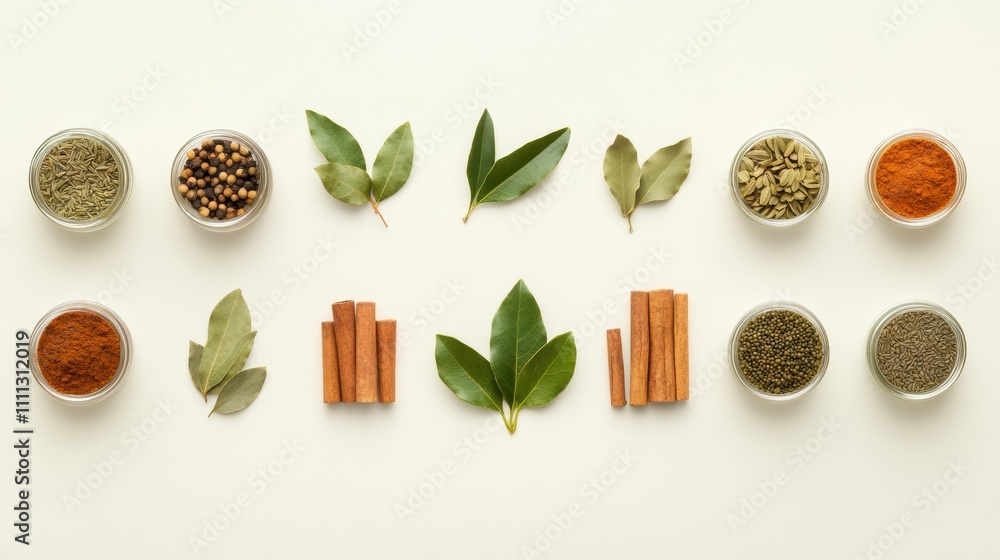 Poster vibrant jars of spices are arranged alongside bay leaves and cinnamon sticks, providing aromatic ele