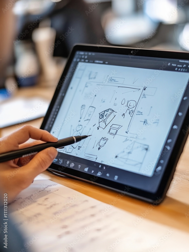 Poster designer's hand using a stylus to sketch on a digital tablet, with design plans visible on the table