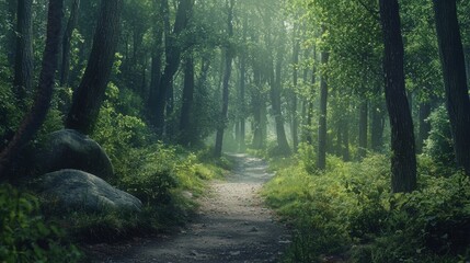 Obraz premium Tranquil journey on a forest path serene woods photography nature scenic view peaceful retreat