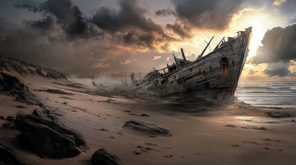 An old shipwreck on a deserted beach, with weathered wood and rust