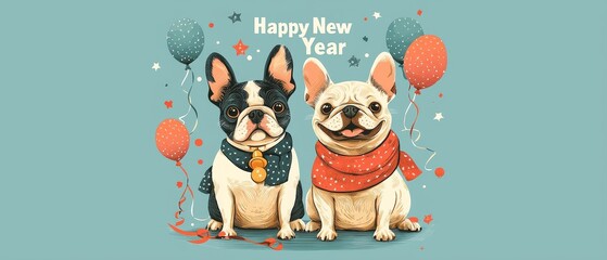 Naklejka premium Happy New Year Celebration Playful Cat and Dog with Balloons Festive Room Joyful Atmosphere Seasonal Celebration of Friendship and Fun
