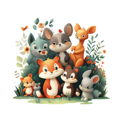 Naklejka premium Cute Cartoon Animals in Colorful Forest Setting