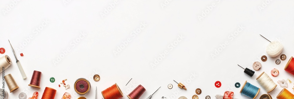 Aufkleber Gathering of sewing essentials like colorful threads, needles, and buttons displayed on a white surface, ideal for crafting and design. Generative AI