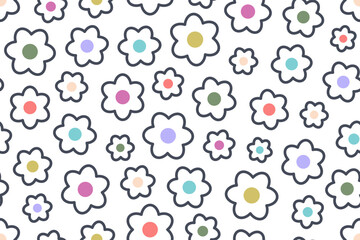 Outline Flowers seamless pattern. Repeat background with cute color linear Flower. Cartoon template for decoration, wallpaper, textiles, printing, romantic design. Valentine concept. Vector