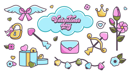 Happy Valentine's day. Valentine symbols. Set of cartoon Doodle Valentine elements for decoration holiday, greeting card, Valentine design. Vector flat illustration