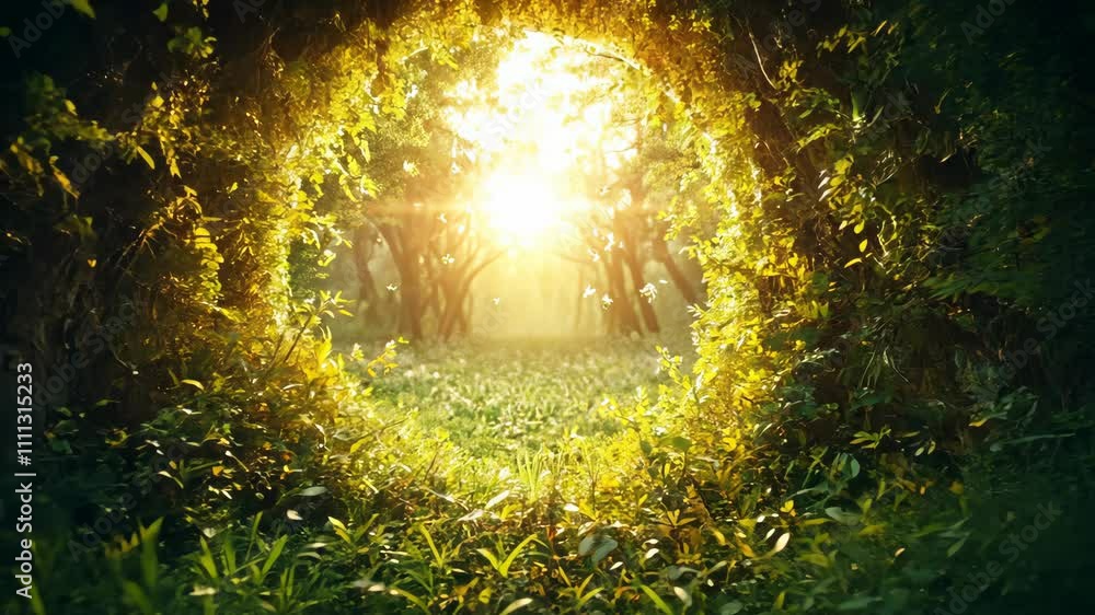 Aufkleber sunlight filters through a circular opening in the forest, illuminating the lush greenery and creati