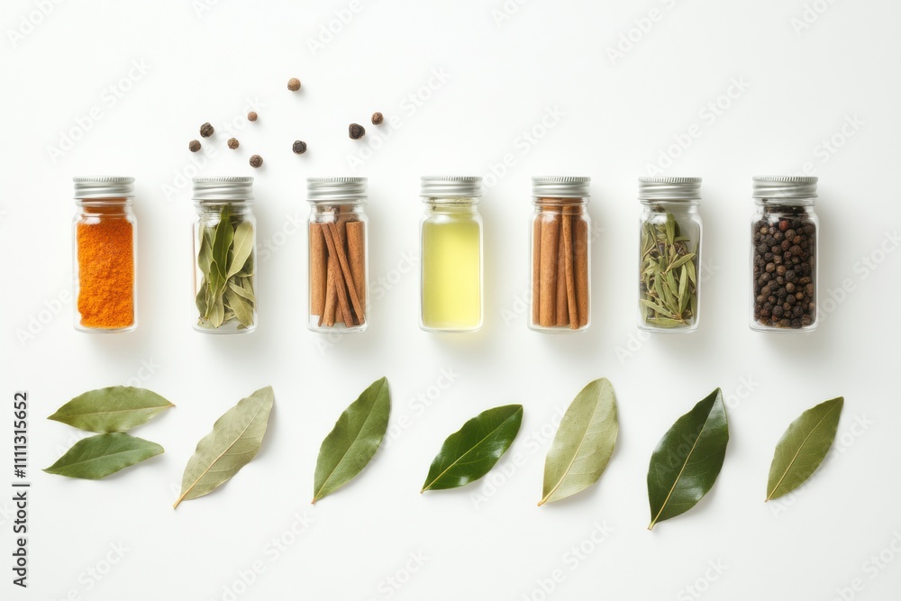 Poster Small jars filled with vibrant spices alongside fresh bay leaves and cinnamon sticks create an aromatic display with room for text. Generative AI