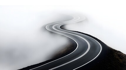 A winding road disappearing into heavy fog, subtle rays of sunlight in the distance, representing perseverance through adversity, disappearing road in fog, symbolic journey