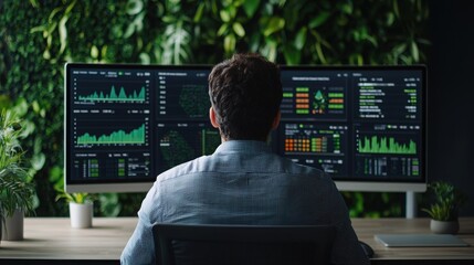 Inspiring digital workspace for financial advisors modern office data visualization green environment professional viewpoint productivity concept