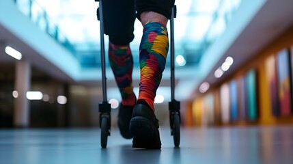 Obraz premium Man with a brightly decorated cast on his leg, using a walker to stroll through an art gallery, viewing paintings with quiet determination
