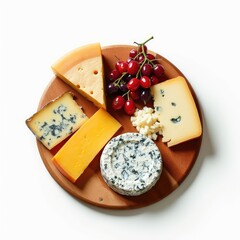 Wooden platter with various kinds of cheeses isolated on white background