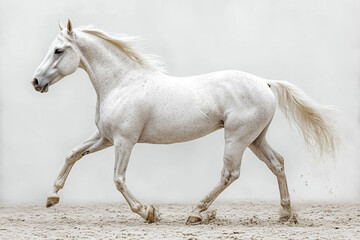 Fototapeta premium A White Horse Galloping Gracefully Across Sandy Ground