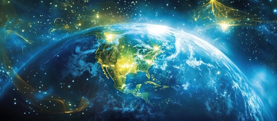 Obraz premium Earth glowing from space with North America in focus.